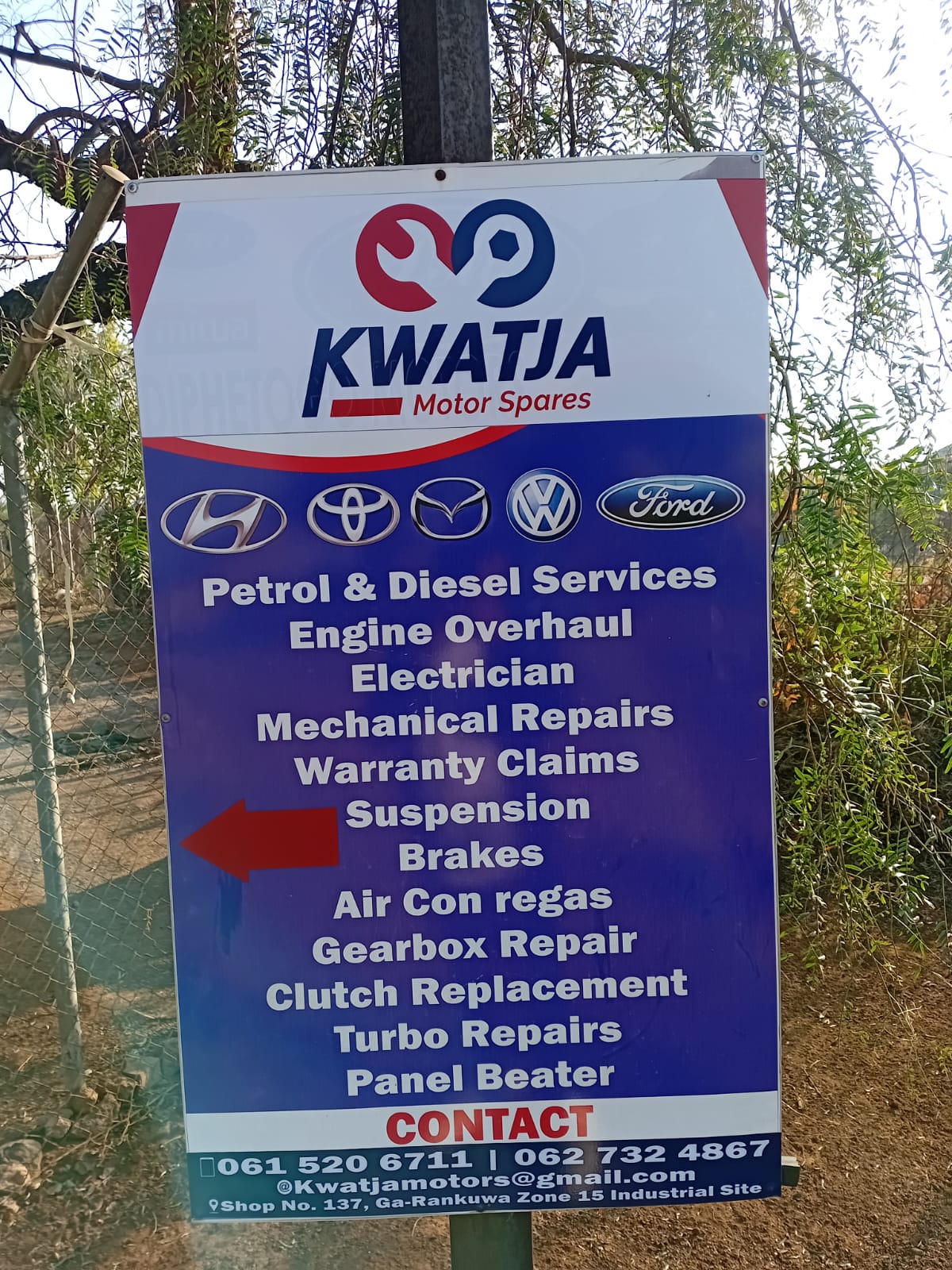 Kwatja Motor Spares services and contact sign